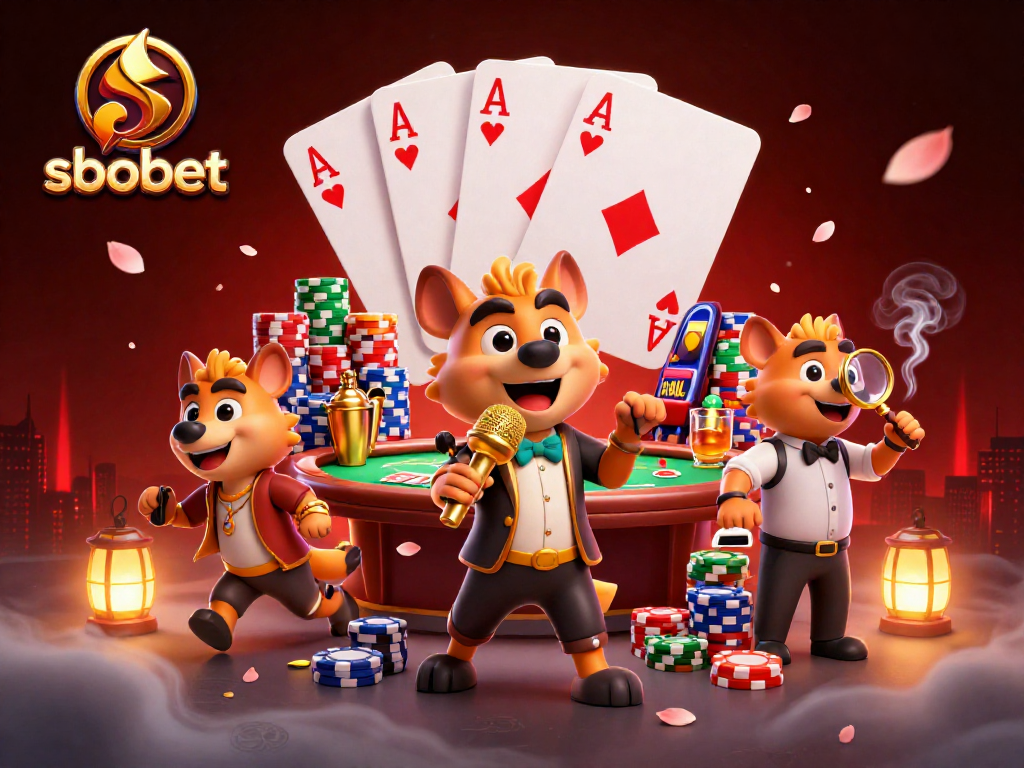 SBOBET hyenas entertaining in a sports betting casino with drinks and poker elements.