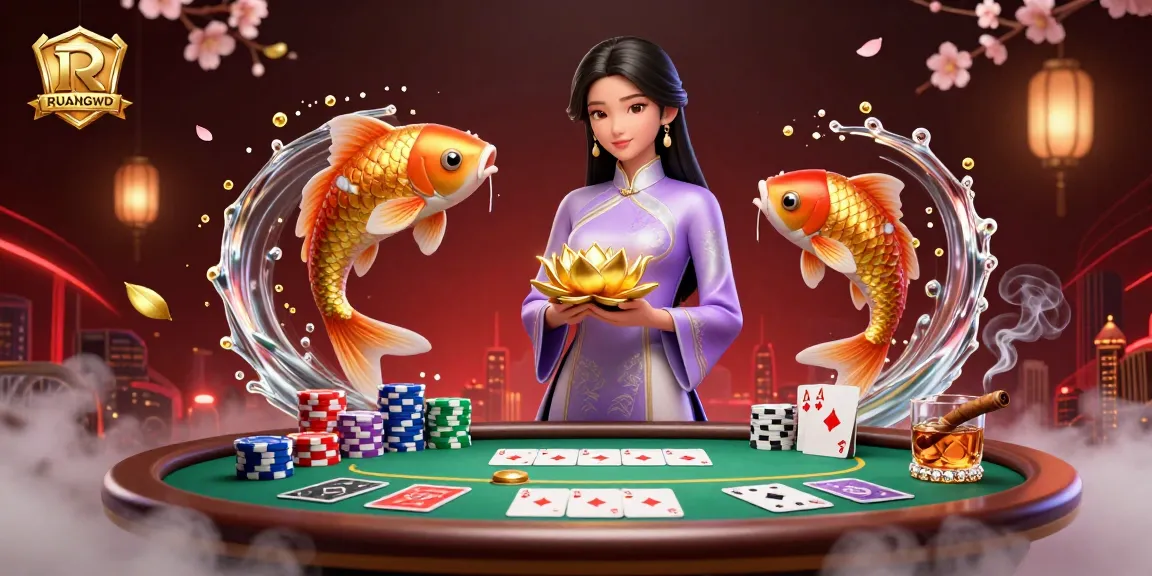 Engage with RUANGWD at the vibrant online casino table featuring an Asian woman, golden koi, and rich poker elements.