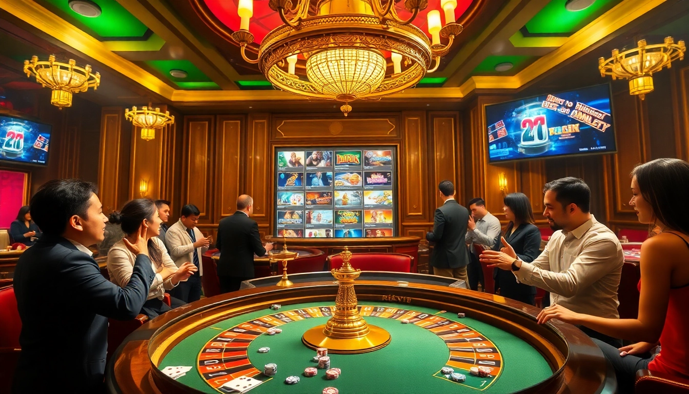 Excited players enjoying a luxurious casino setting at rikvip, with roulette table and poker chips.