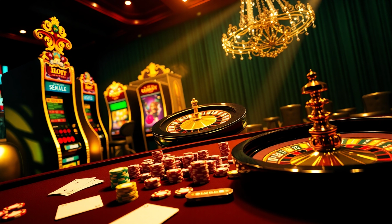 Experience the thrilling action of online gambling at https://ok8386.sh/ with luxurious casino elements like slot machines and poker chips.