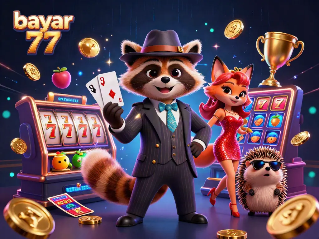 Experience thrilling actions at bayar 77 with vibrant Slot games, jackpot symbols, and energetic characters.