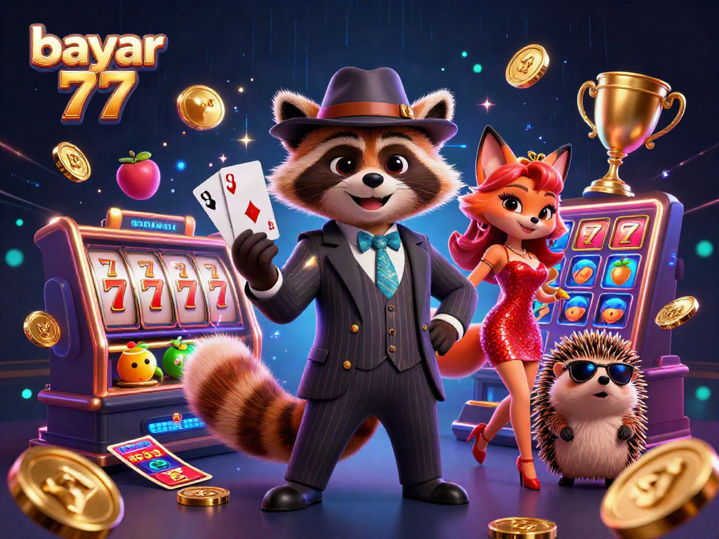 Experience thrilling actions at bayar 77 with vibrant Slot games, jackpot symbols, and energetic characters.