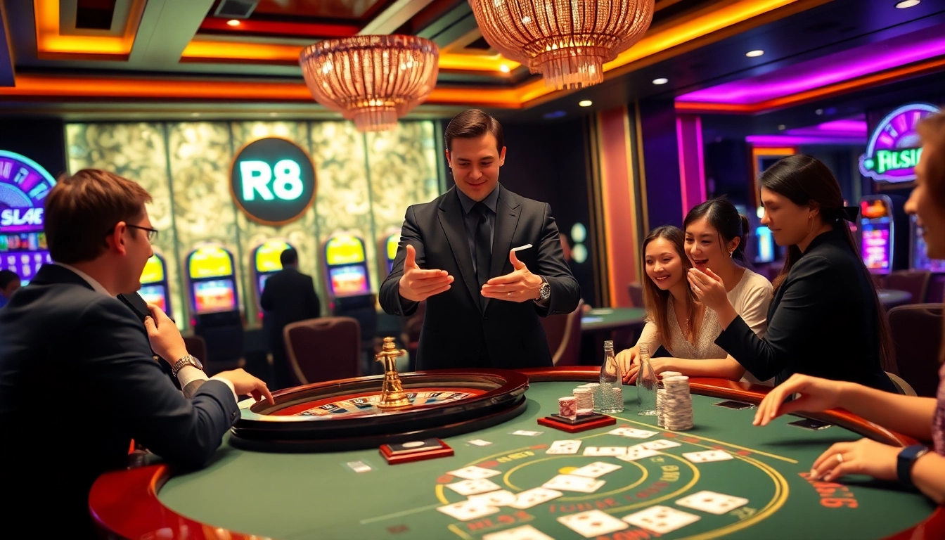 Experience the excitement of RR88 with a vibrant casino scene showcasing roulette wheels and poker tables.