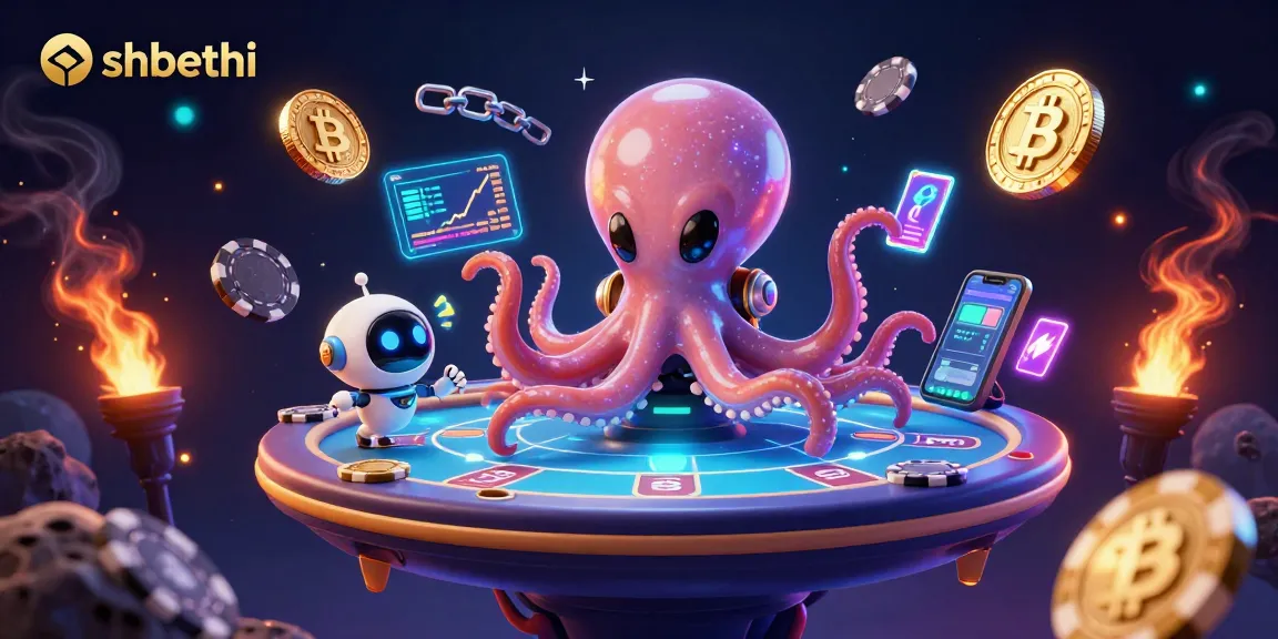 Engage in thrilling gameplay at SHBET with a vibrant illustration of an alien octopus and robot at a holographic poker table.