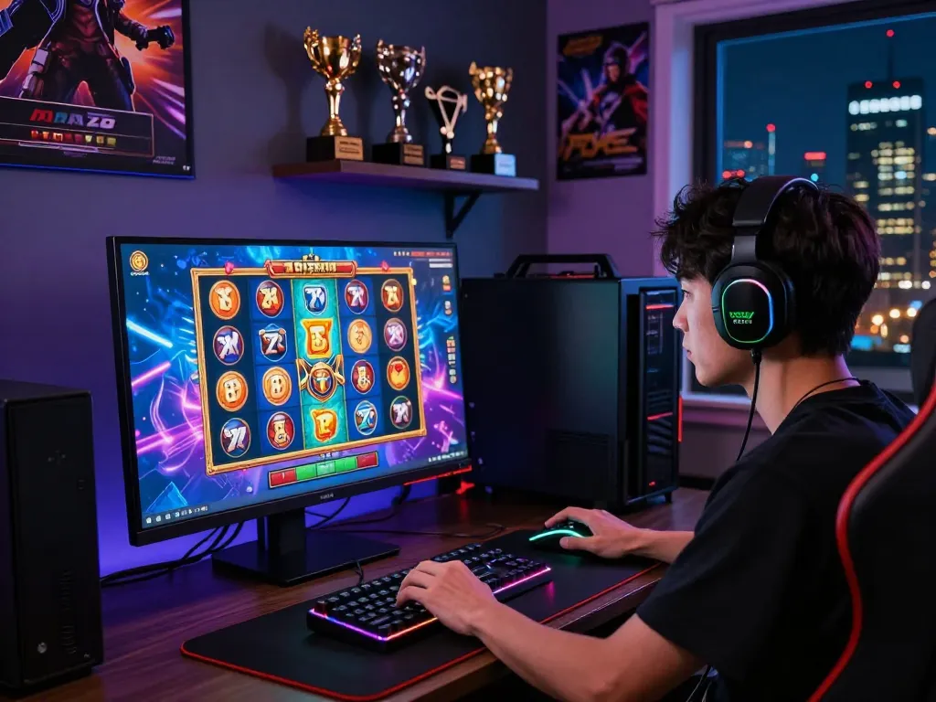 Engaging gaming scene with a player focused on tante77 online slot game, colorful graphics and vibrant atmosphere.
