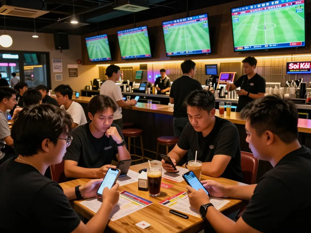 Soi Kèo enthusiasts examining live betting odds in a bustling sports bar with dynamic atmosphere