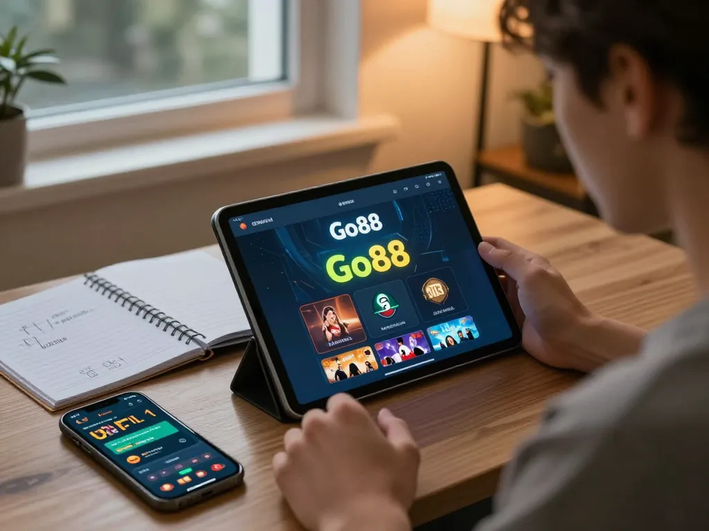 Engaging with Go88’s casino app for a thrilling online gaming experience in a cozy home environment.