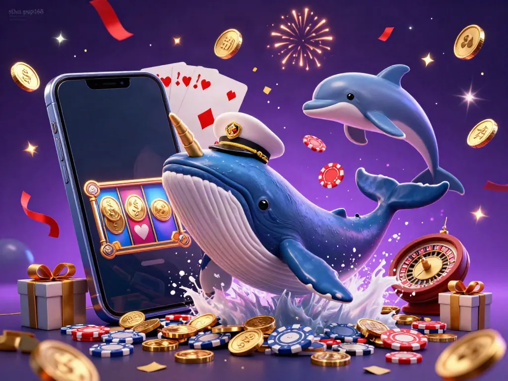 Melihat situs gwp168, ikan paus kartun raksasa dan lumba-lumba beraksi dengan chip poker di lautan koin.