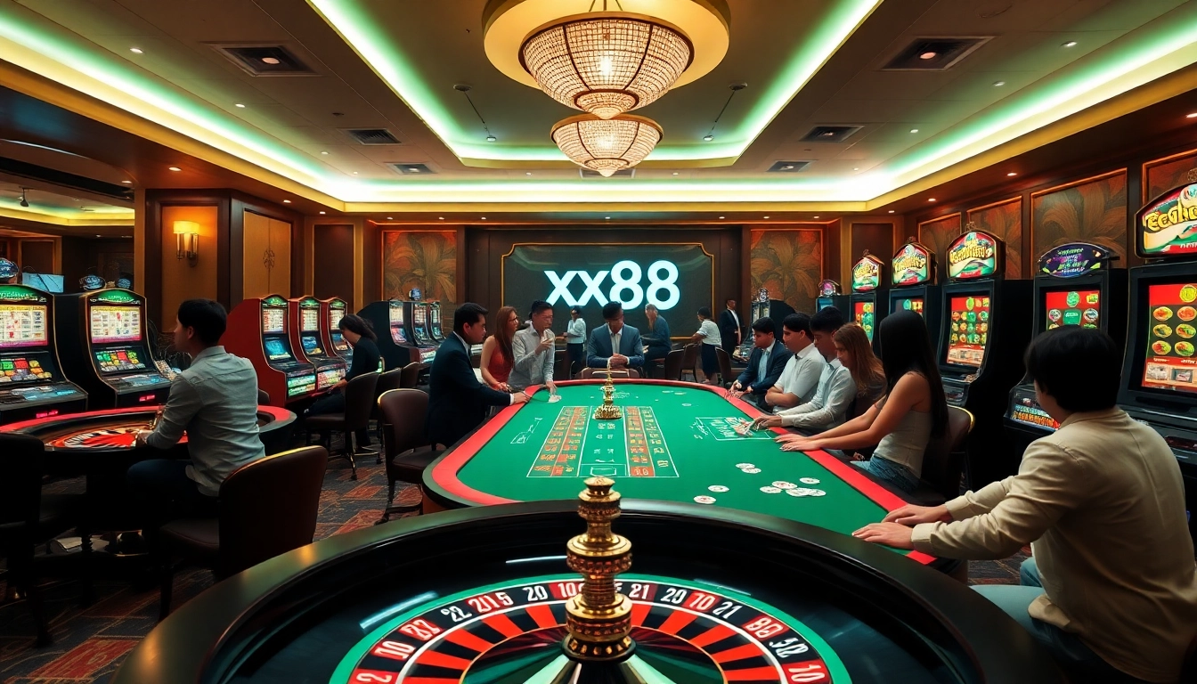 Players enjoying the xx88 game at luxurious casino tables with vibrant slot machines.