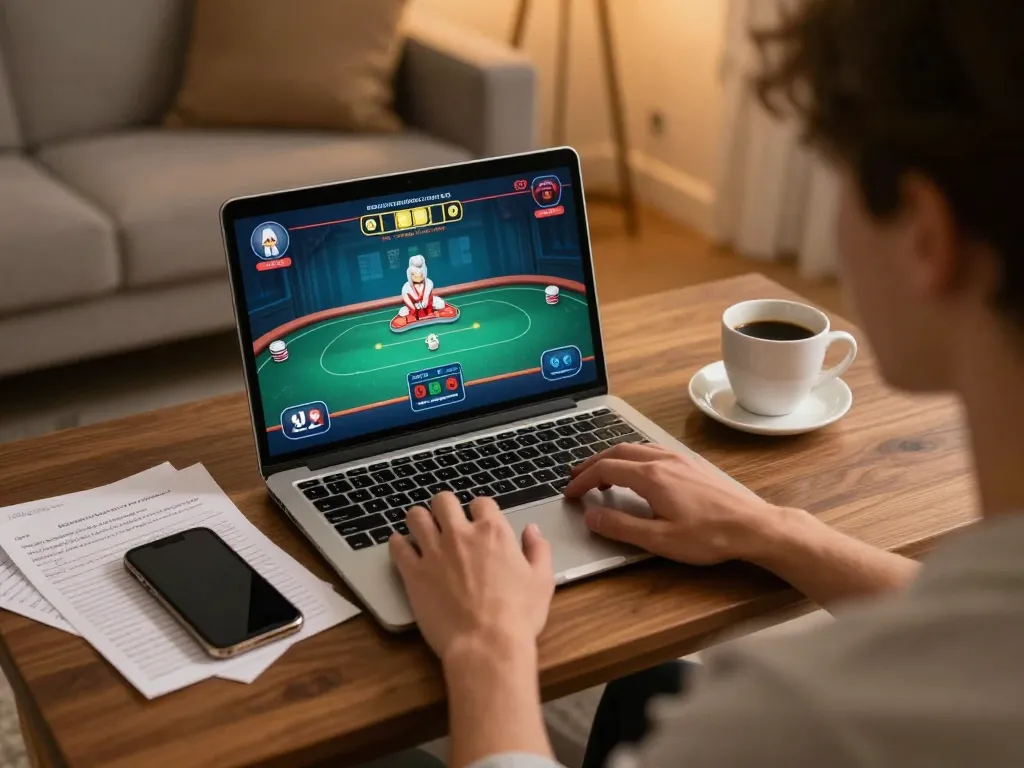Fokus777 online casino player analyzing poker strategy on laptop in a cozy home setting.