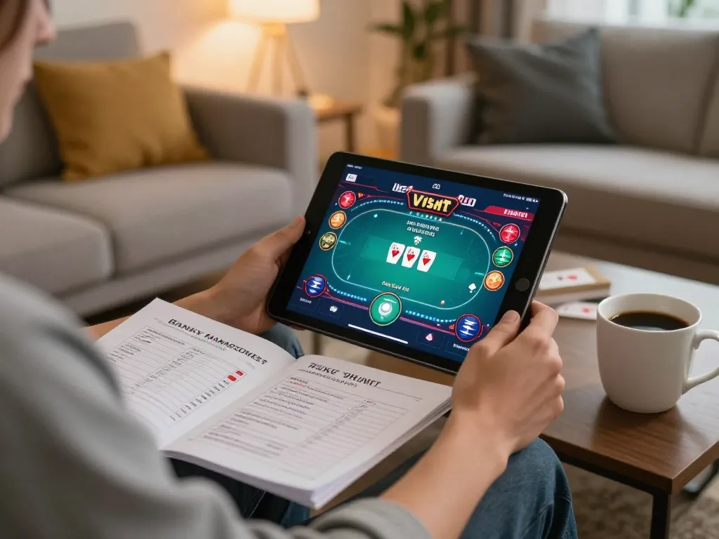 Playing poker online at home using uu88 app on tablet with strategy notes visible