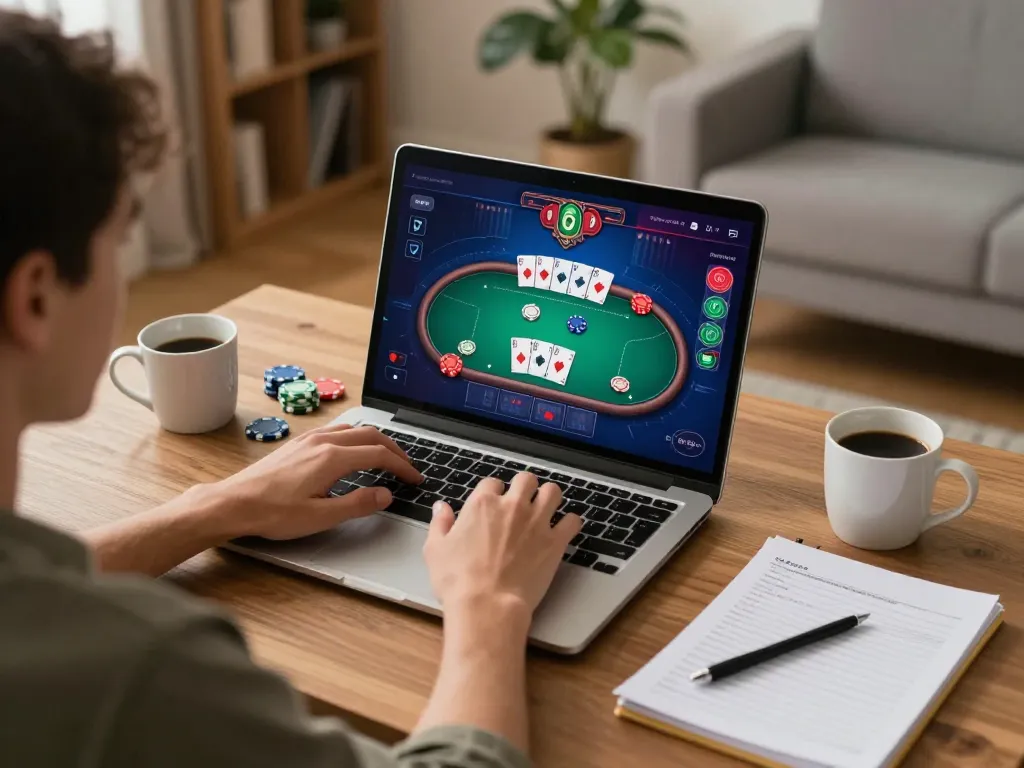 Engaging online gaming session at the 888VI Homepage, showcasing vibrant poker action on a laptop.