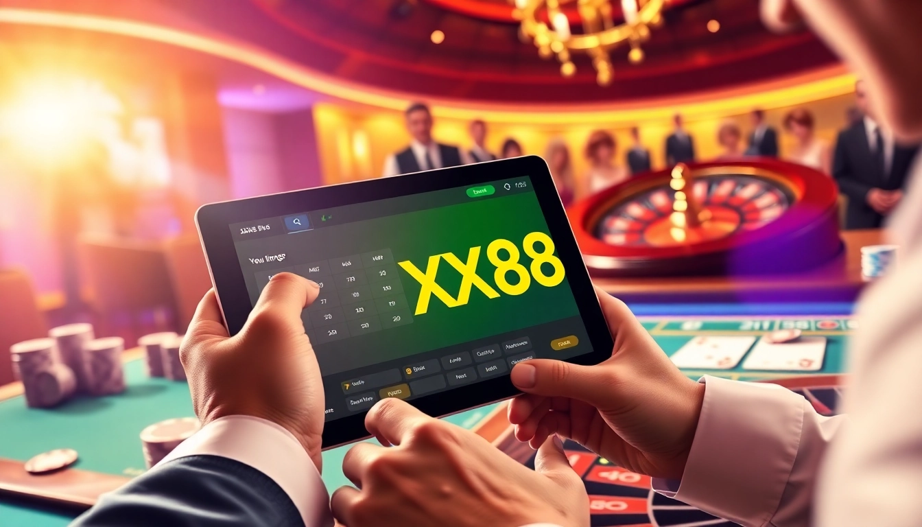 Betting action at XX88, showcasing a digital casino experience with vibrant poker chips and roulette.