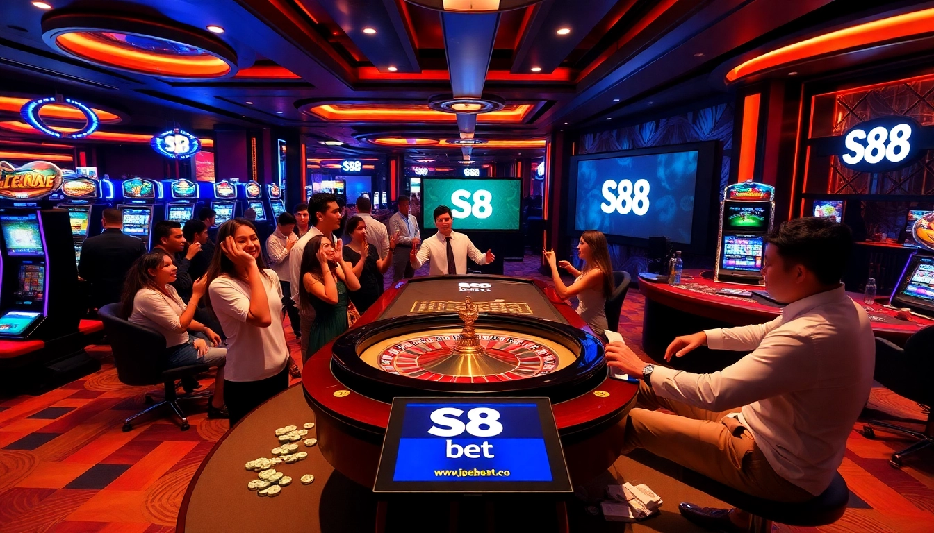 S8 bet enthusiasts strategizing at an elegant casino table, vibrant gaming atmosphere.