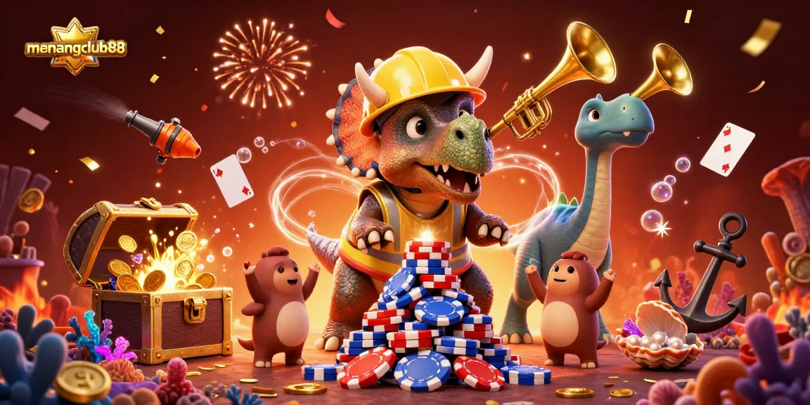 Experience excitement with menangclub88 as playful cartoon dinosaurs and casino treasures come to life in 3D.