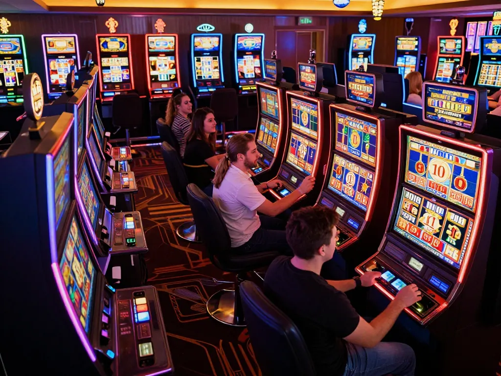 Players engaging with UGDEWA's colorful slot machines, capturing the thrill of winning spins