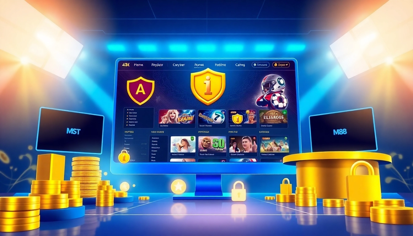 MM88 nhà cái online betting platform interface illustration showcasing diverse games and security features.