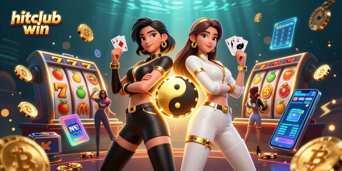 Experience big wins with Hitclub win, featuring twin Asian women in a lively casino atmosphere.