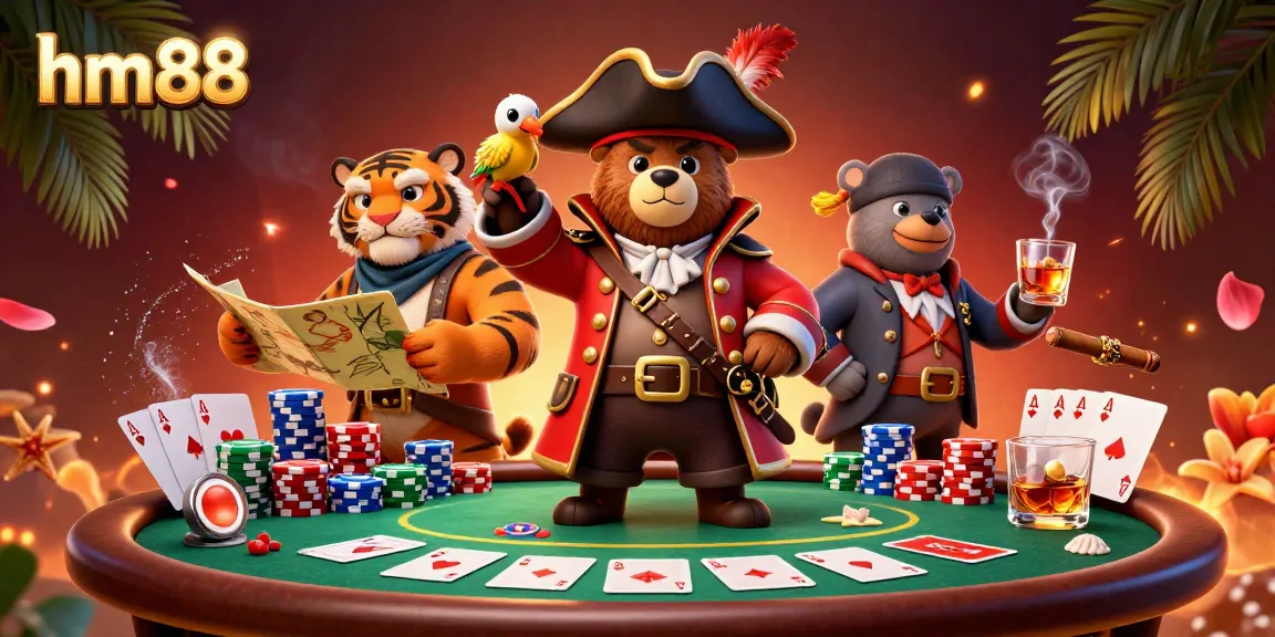Experience the vibrant action of hm88 casino with pirate characters at a poker table.