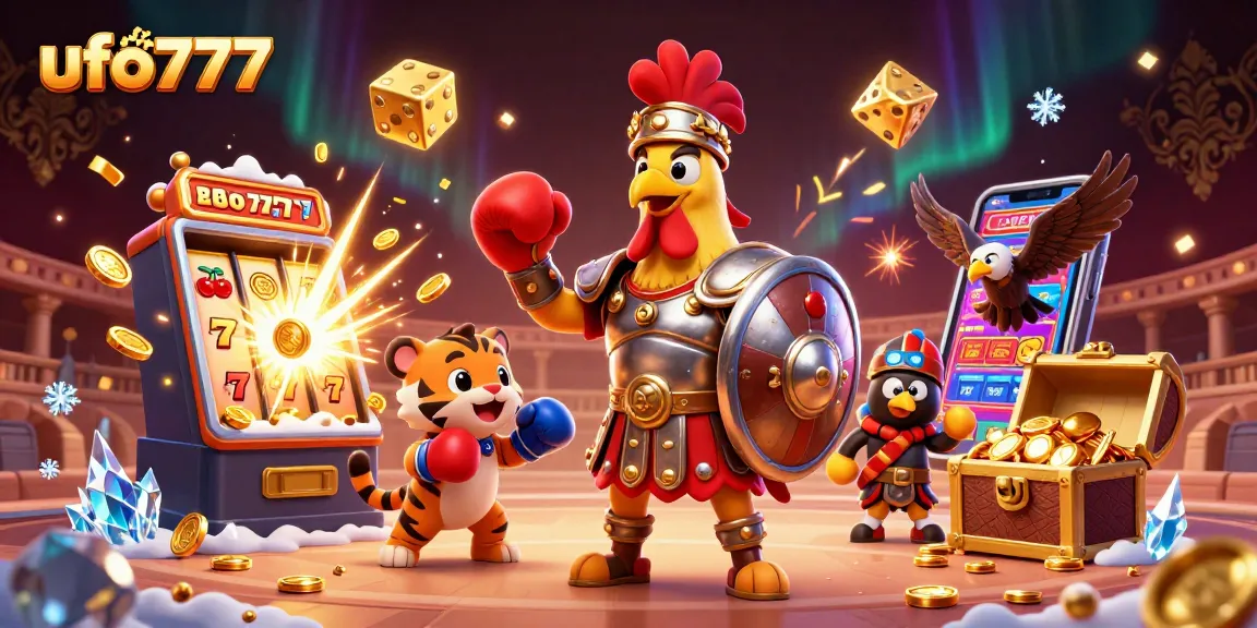 Experience the excitement at ufo777 with a vibrant casino scene featuring dynamic characters and gaming elements.