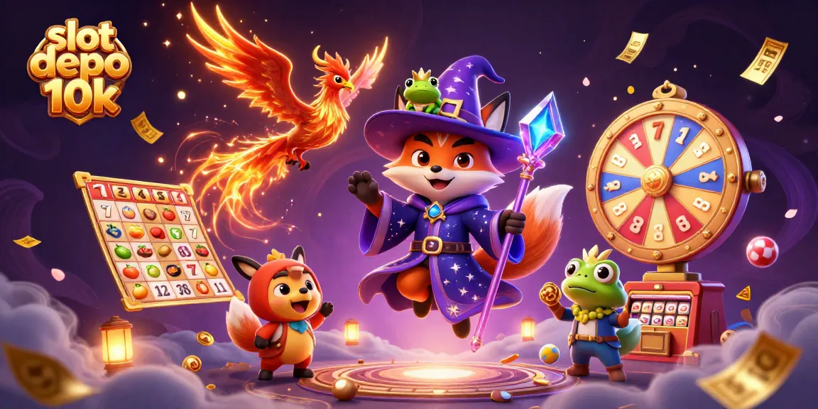 Engage in thrilling wins with slot depo 10k, featuring colorful slot reels and mystical characters.