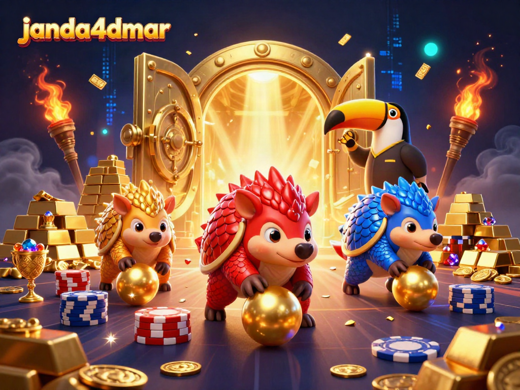 Janda4dmar mempersembahkan dua pangolin bersaing yang bermain dadu di tumpukan chip poker.