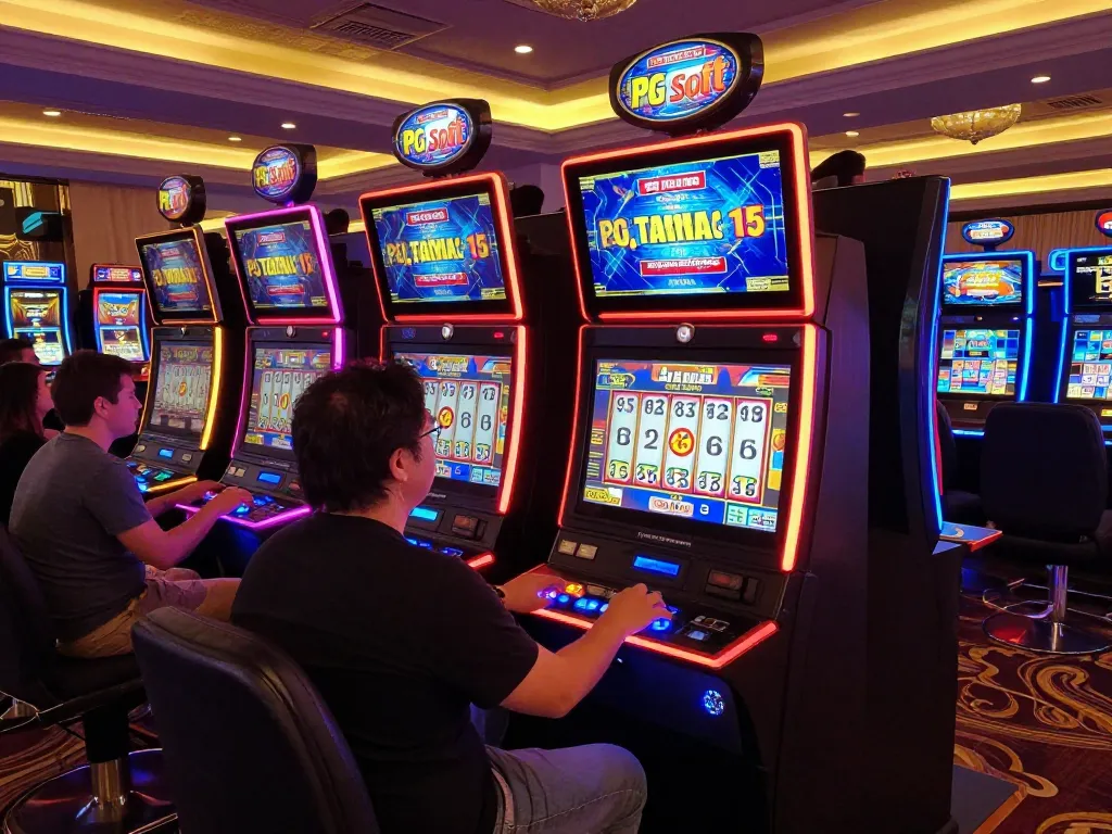 Pemain menikmati Slot Demo PG Soft di lingkungan kasino yang penuh warna dengan mesin slot interaktif.