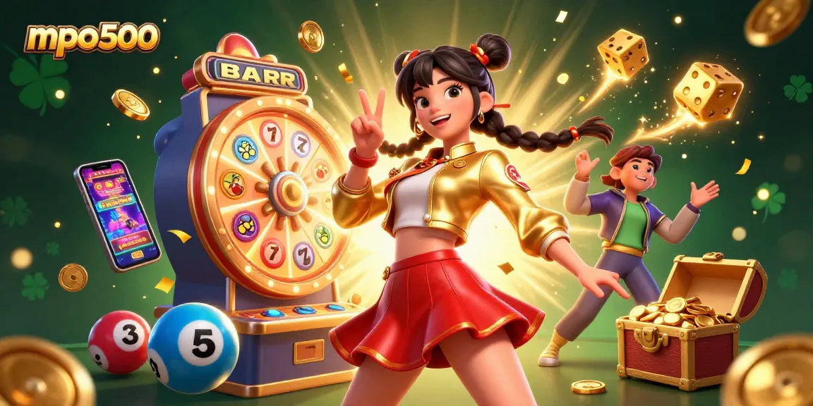 MPO500 showcases a vibrant Asian woman enjoying a winning moment with colorful casino elements and lottery actions.