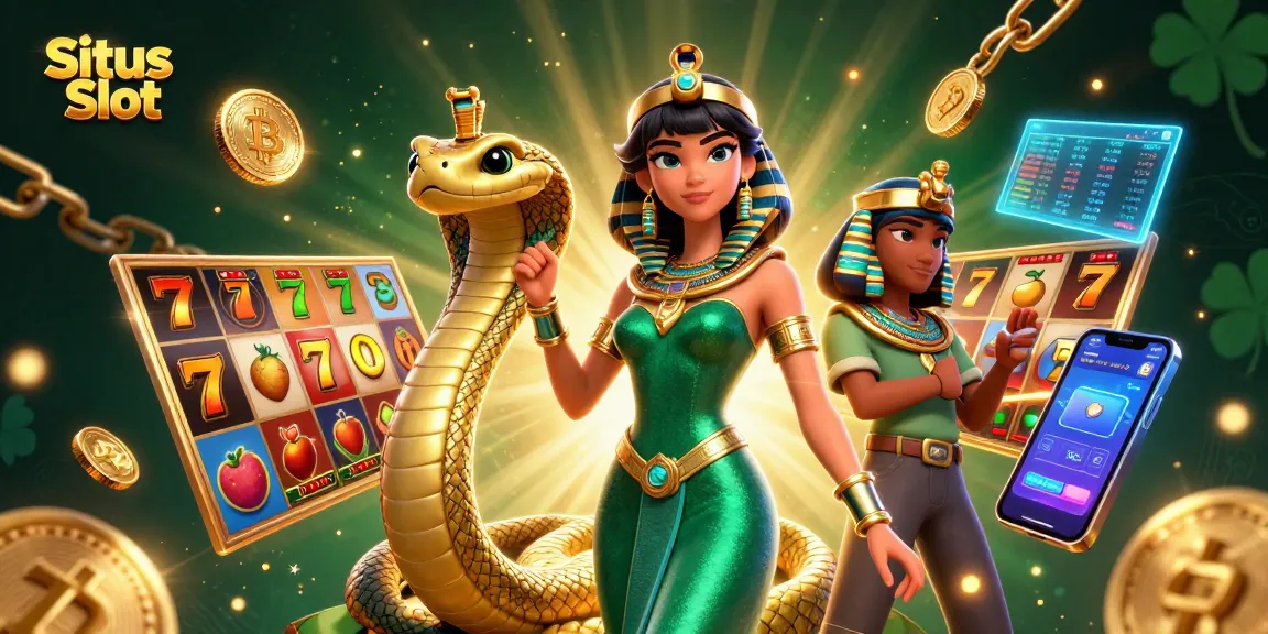 Situs Slot showcases a captivating scene with characters surrounded by dynamic slot game elements and cryptocurrency symbols.