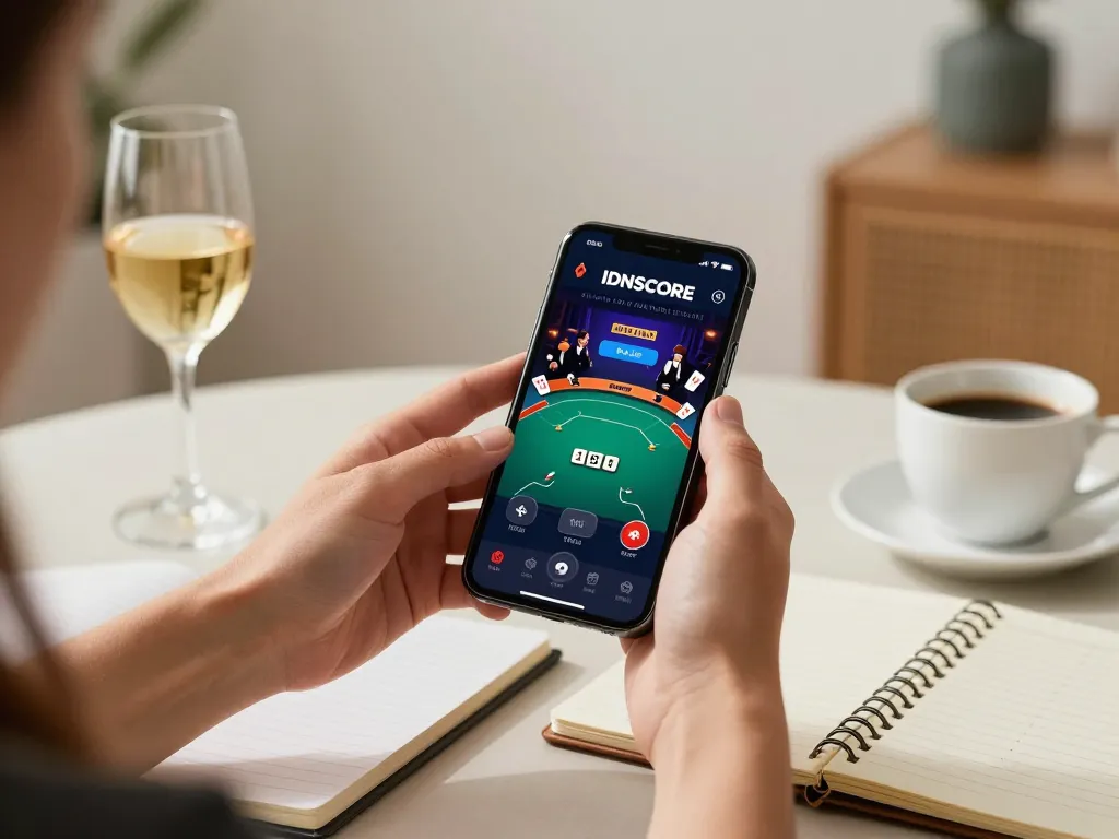 IDNSCORE app showcasing live poker gameplay, smartphone in a cozy modern setting.
