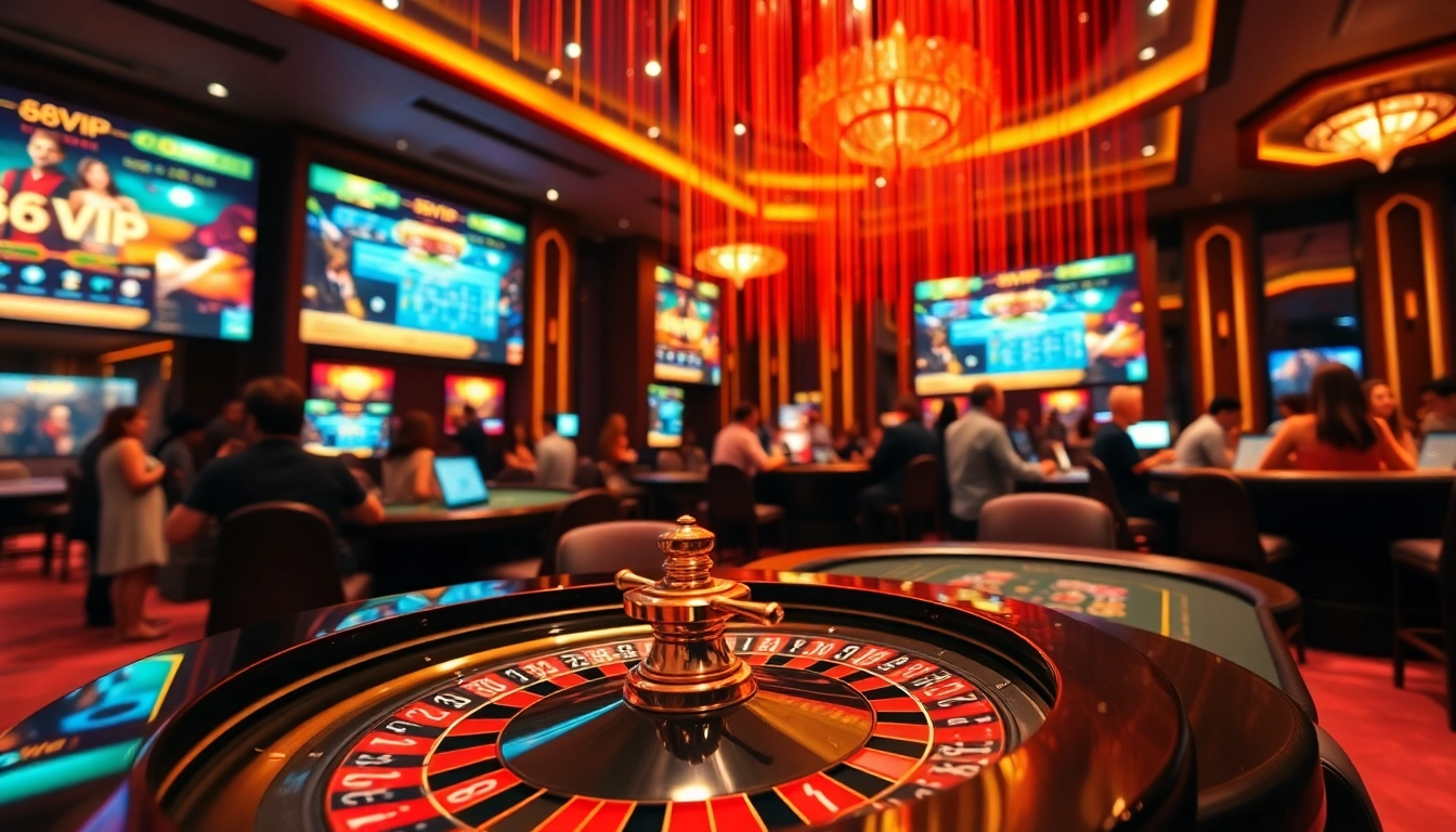 Engaging scene of players at a casino with Đăng Nhập Nhà Cái 68VIP elements and vibrant gaming atmosphere.