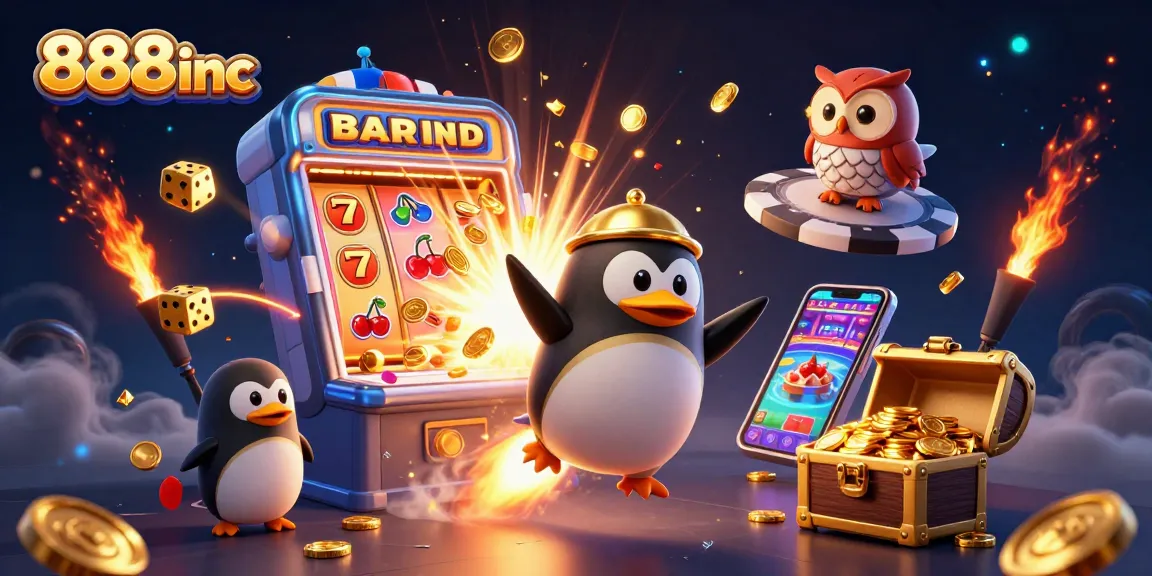 Experience the excitement of 888inc with a jackpot explosion and colorful casino themes in this 3D illustration.