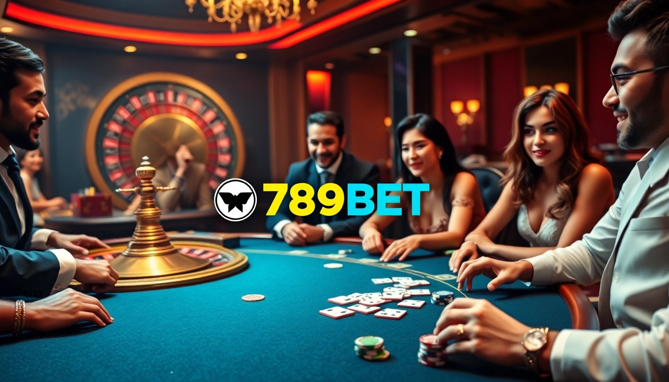 Players enjoying a high-stakes game at a luxurious 789BET casino table with vibrant chips and cards.