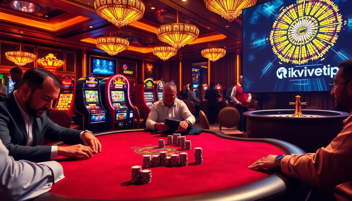 Experience the thrill of Rikvip at a high-stakes poker table with vibrant casino elements.