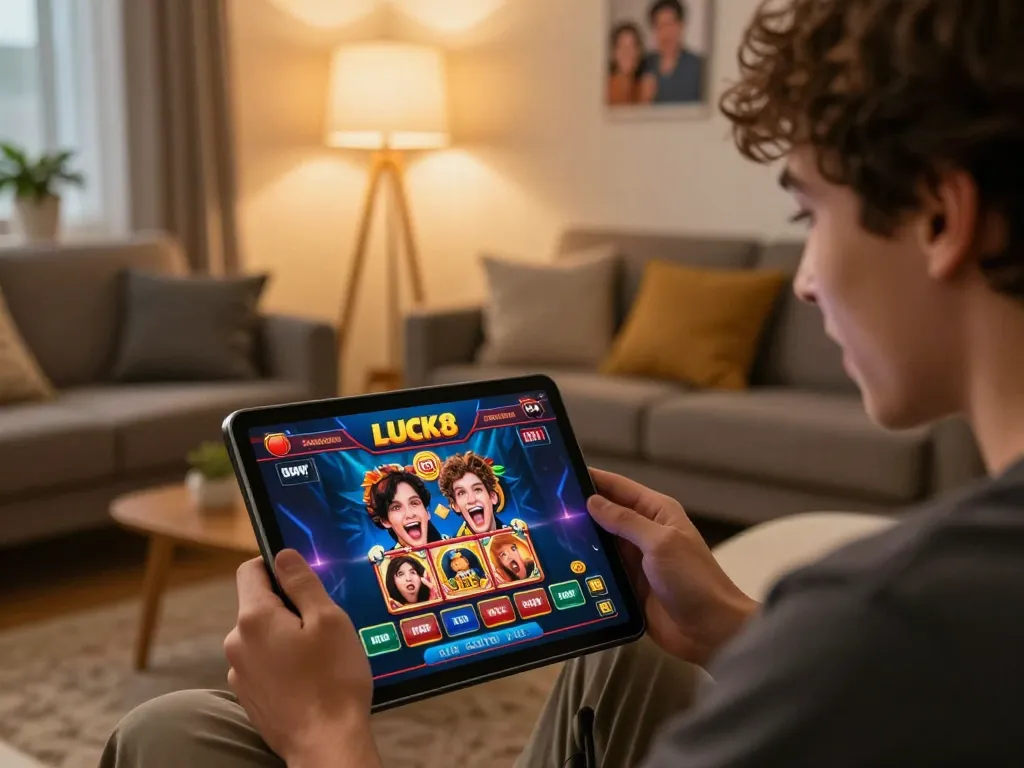Người chơi tương tác với ứng dụng casino LUCK8 trên máy tính bảng trong một phòng khách ấm cúng, thể hiện sự hào hứng của trò chơi cá cược trực tuyến.