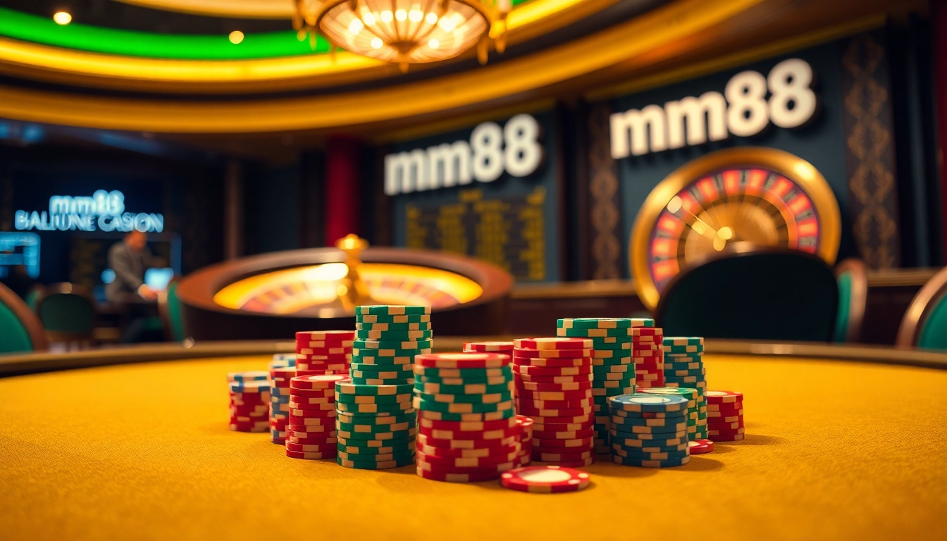 Experience high-stakes gaming at mm88 with elegant poker tables and vibrant casino ambiance.