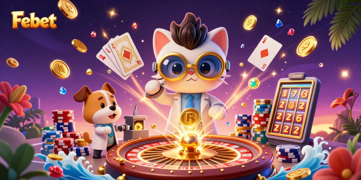 Engage with Febet's thrilling betting scene featuring dynamic characters, gold coins, and live casino elements.