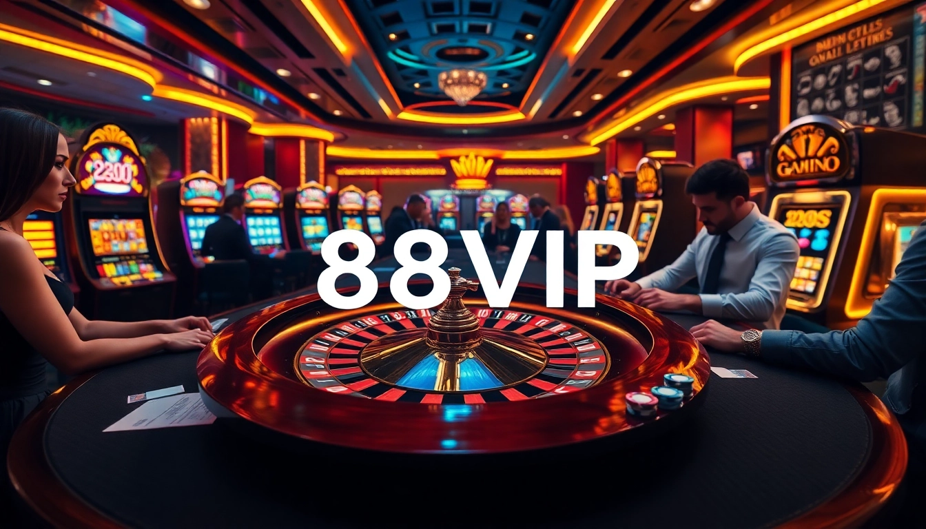 Experience the thrilling ambiance of 68VIP with vibrant gambling tables and slot machines.