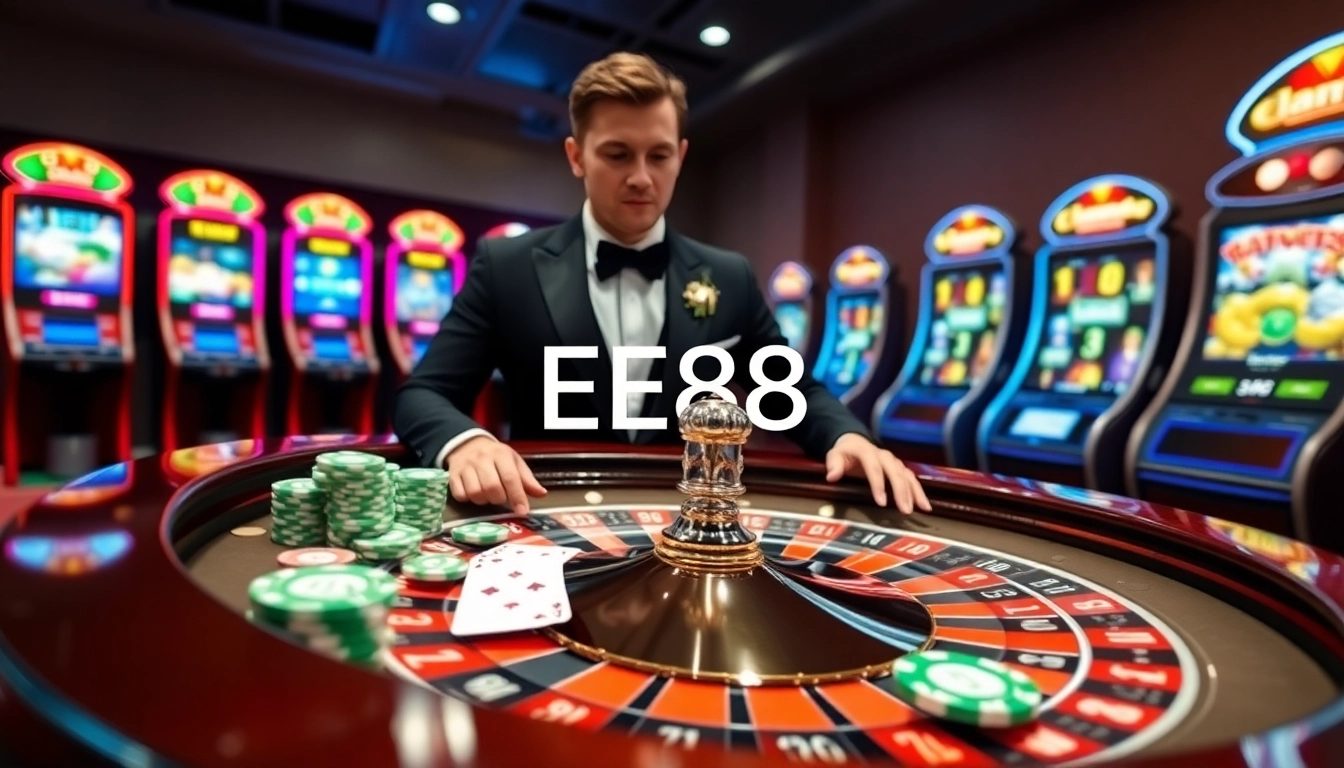 EE88 casino image showcasing an exciting roulette table and vibrant casino atmosphere.