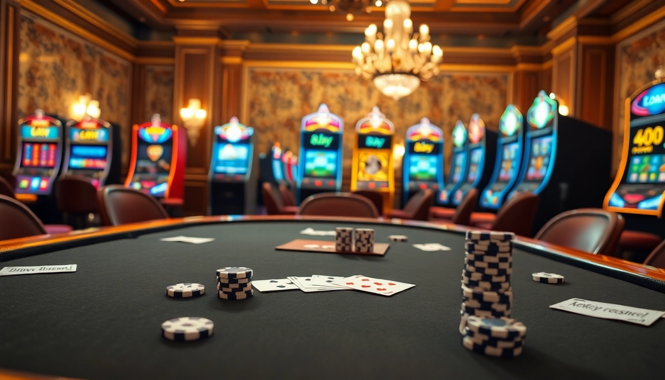 Experience the excitement of gambling at 8day with a luxurious casino scene showcasing poker tables and vibrant slot machines.