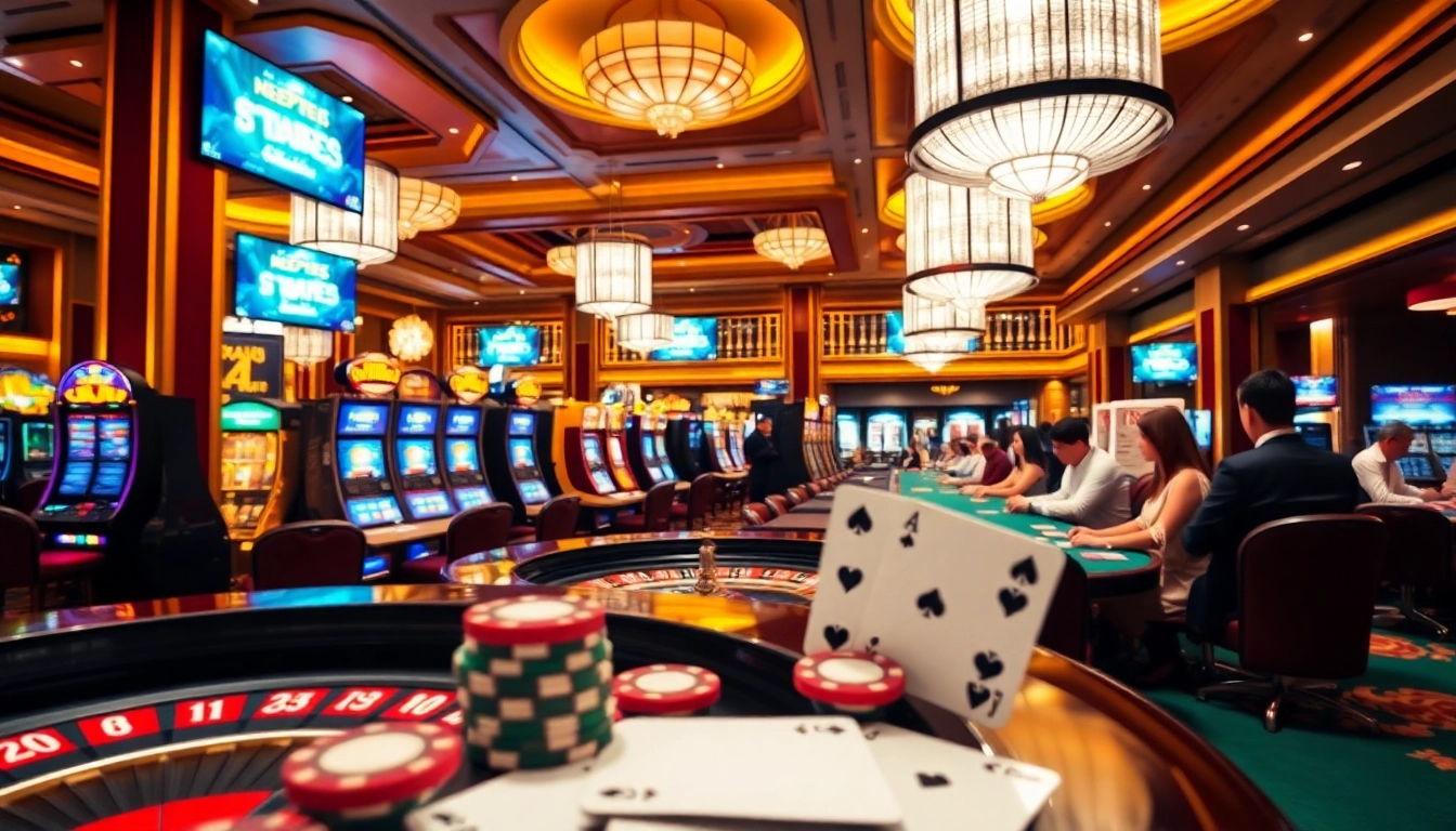 Engaging casino scene depicting players at tables and slot machines on https://ek333pro.com/ gaming floor.