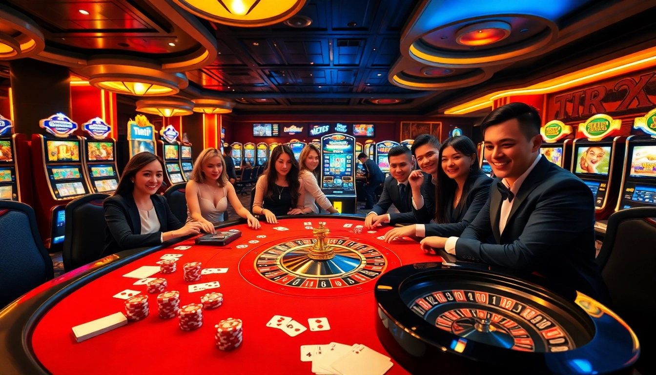 Players enjoy a thrilling TR88-themed casino experience with poker chips and slot machines.