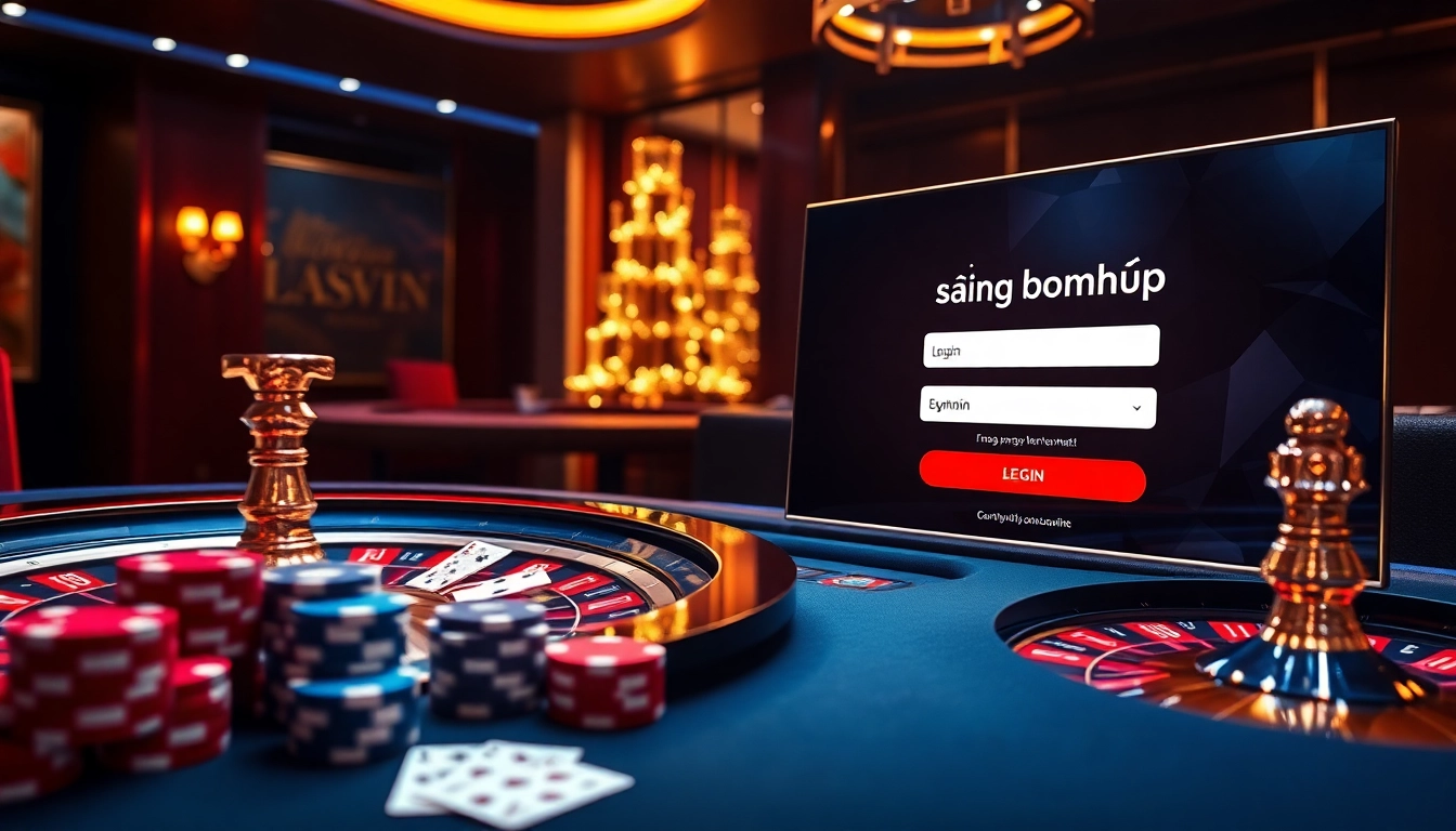 Engaging gambling scene showcasing Đăng nhập bomwin on a high-tech gaming screen with poker chips and cards.