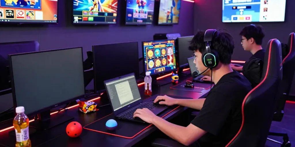 Gamer immersed in online slot games, highlighting akunjp gaming atmosphere.