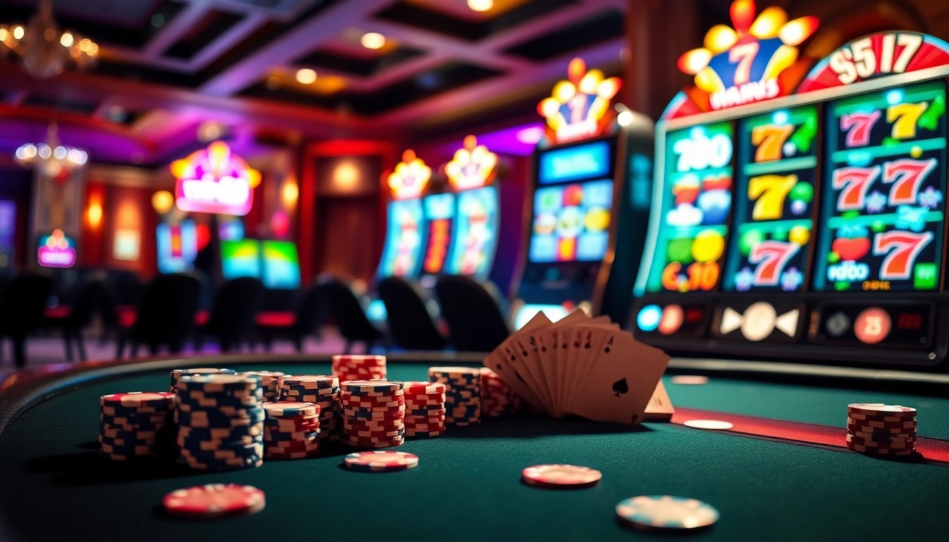 Experience the thrill of gambling at win55 with a vibrant poker table and colorful slot machines.