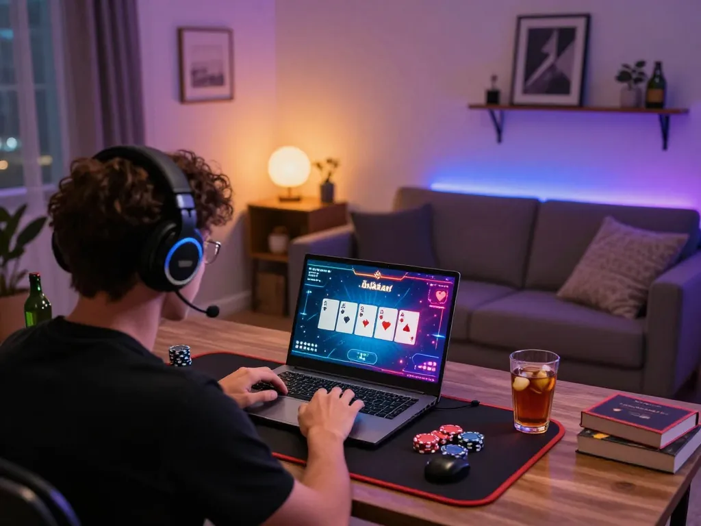 Engaged player enjoying Sunwin online poker game on sleek laptop in modern home office setting