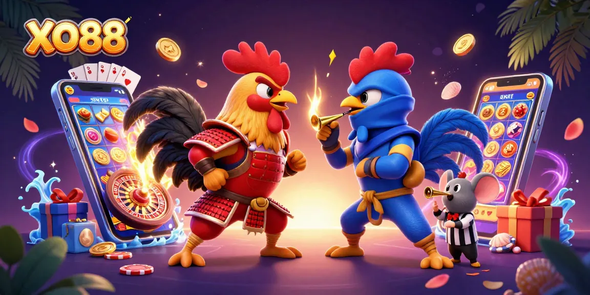 Witness an epic showdown in XO88 with roosters, slot games, and dazzling casino elements.