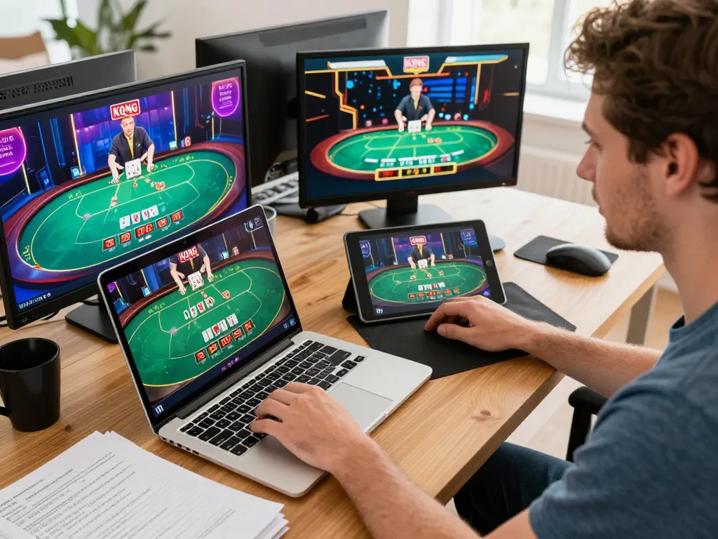 KONG 88 online gaming scene showing a player engaged in poker and live dealer games with a focus on strategy and responsible gameplay.