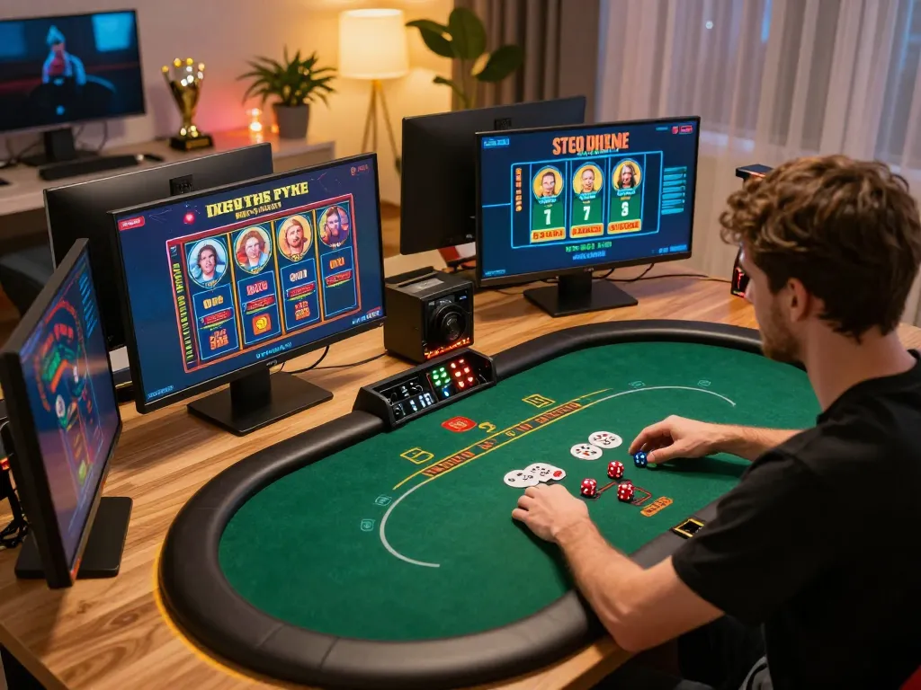 Engaging gameplay on w188 com with multiple screens and poker action in a stylish gaming setup
