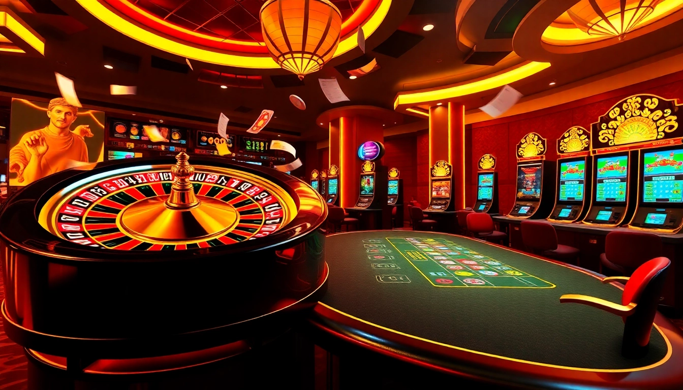 Experience the thrilling atmosphere of LV88.COM with colorful slot machines and a lively poker table.